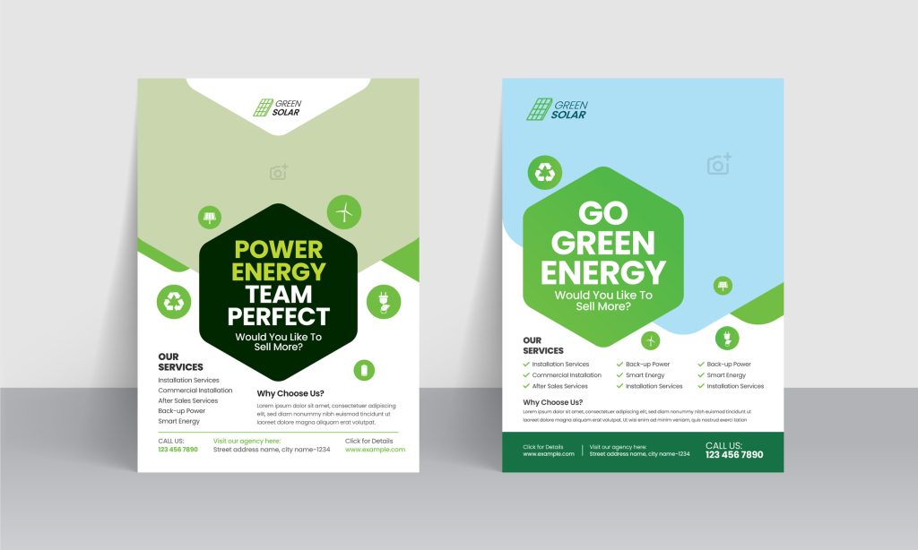Green energy flyer templates and solar panel business poster layout design